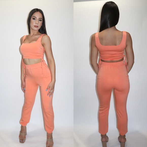 Side Ruching Cropped Tank and Jogger Loungewear Sports casual two piece set - Picture 1 of 7